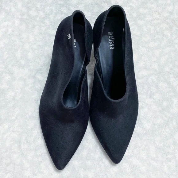 Melissa Black Bootie Drama Flocked Velvet Pointed Toe Heel Ankle Boot Fuzzy - Picture 6 of 12